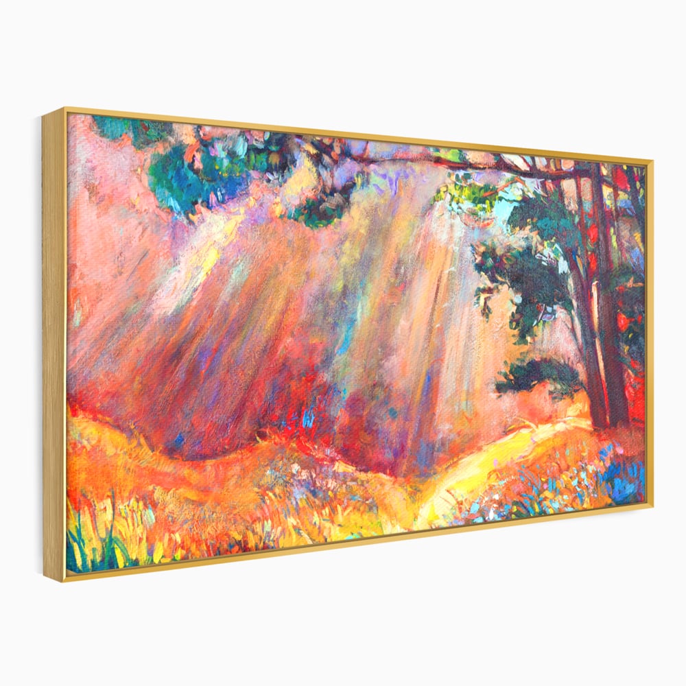 Tablou canvas cu tablou pictura cu padure si raze de soare, in rama de aluminiu auriu